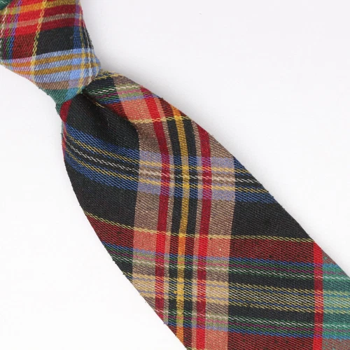 John G Hardy Mens Slub Silk Necktie Green Red Tan Plaid Weave Woven Tie Italy