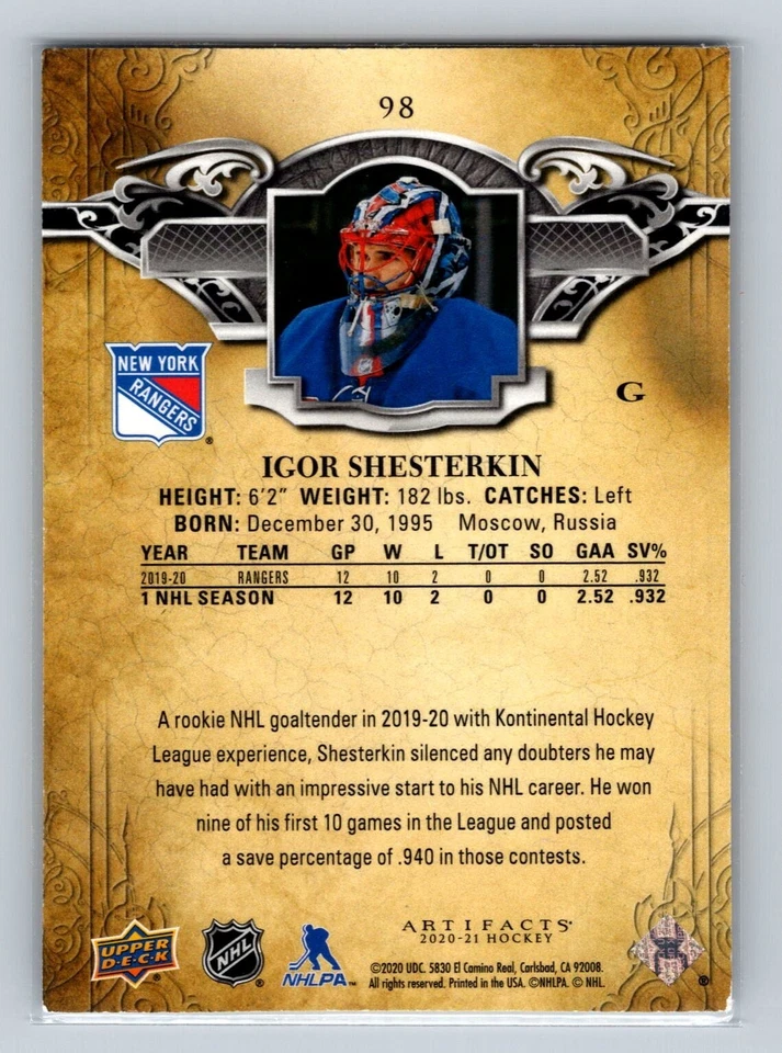 2020 Upper Deck Artifacts Igor Shesterkin 98 - Image 2 of 2