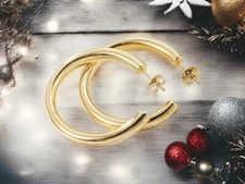 Chunky Women’s 14k Gold Plated thick Hoop Earrings, big gold tube hoops