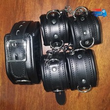PU Leather Wrist, Ankle, Thigh Cuffs ,Collar Restraint Bondage Set 5 Piece Slave