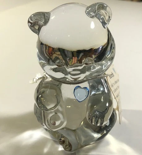 Fenton Art Glass Handmade March Birthday Bear with a Blue Heart Figurine