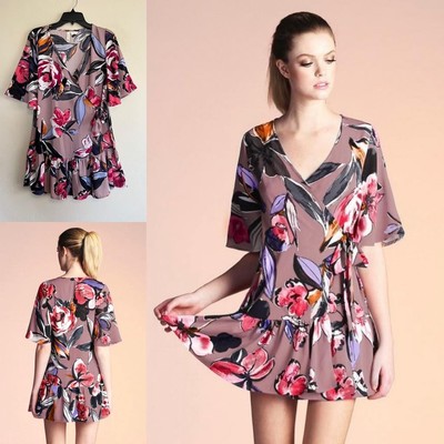 Spring Peony Floral Wrap Mini Dress S Mauve Red Femme Ruffled 2025 Trend TYCHE