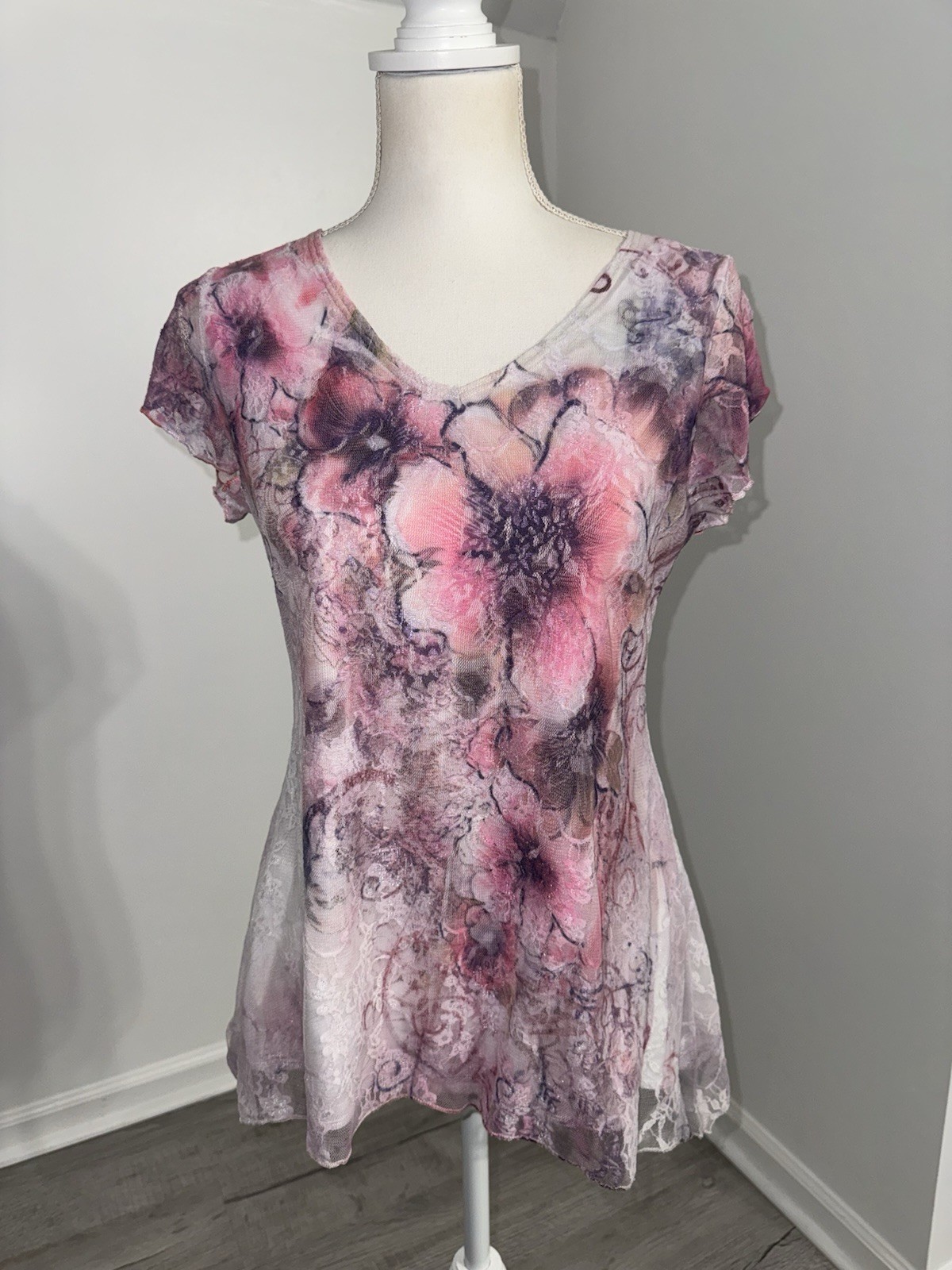 Brittany Black Pink Purple Floral Mesh Tunic Top M Sheer Lace Hem Whimsical Y2K