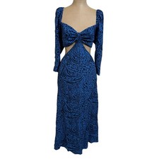 Reformation Midi Dress Blue Animal Print Waist Cut Out Long Sleeve New size 8