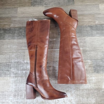Diba True True Do Women Up-Knee High Boot Sz 6 Brown Leather Side Zip Block Heel