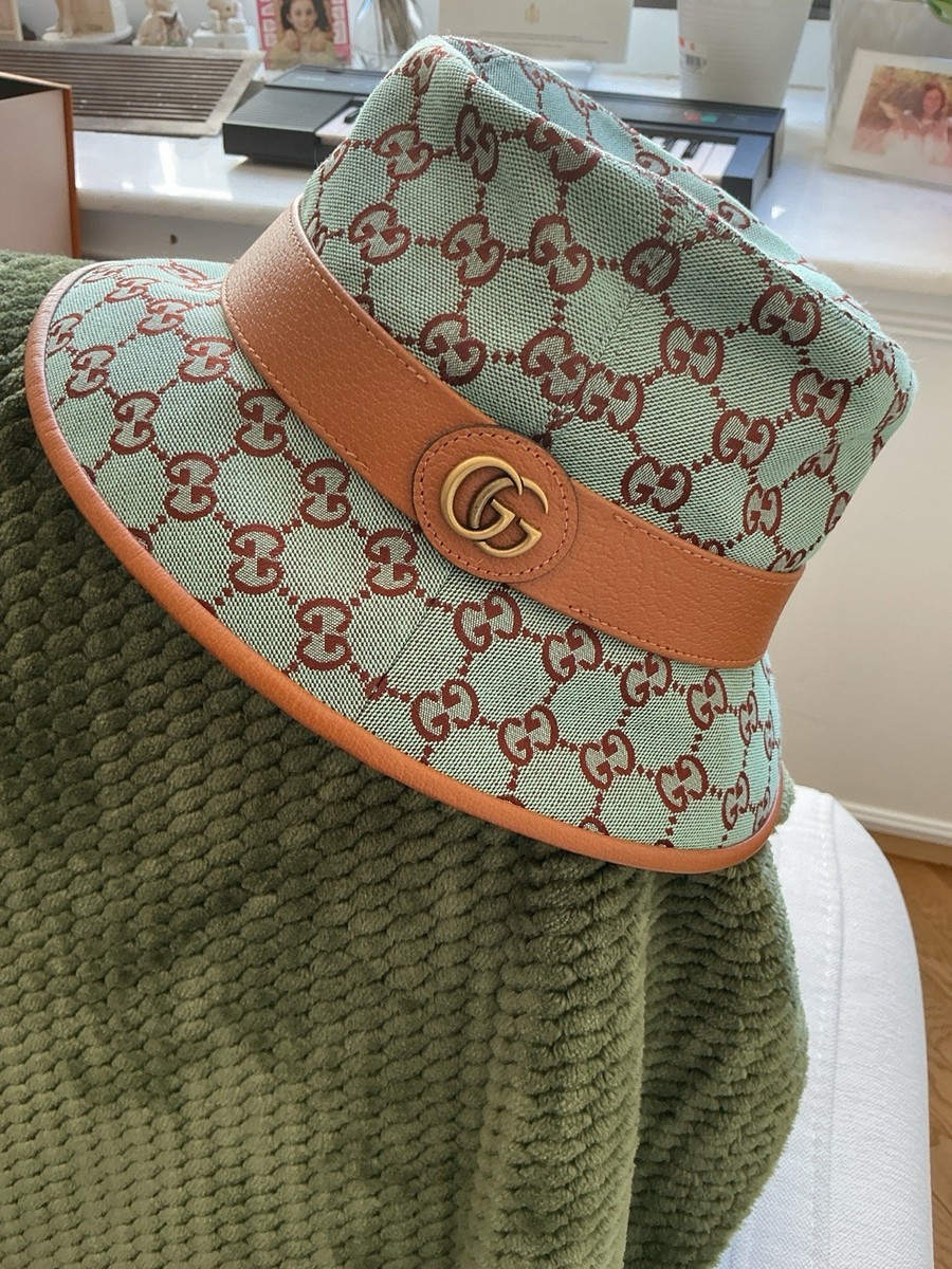 NEW GUCCI GG SUPREME TEAL BROWN CANVAS LEATHER LOGO BUCKET FEDORA