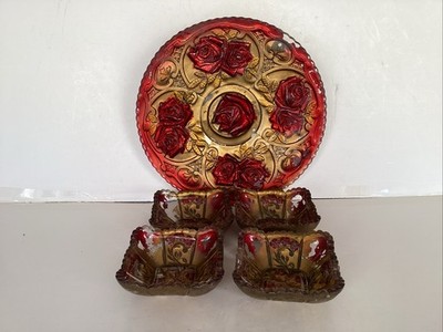 Antique Goofus Glass Plate And Small Nut Fruit Cups Has Some Damage Set Of 5