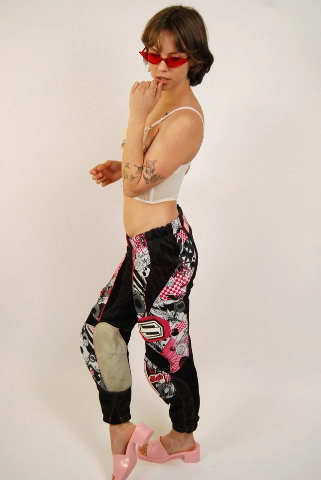 Calça de corrida Y2K (6) rosa preta vintage motocross dirtbike uniforme esportivo punk - Imagem 2 de 4