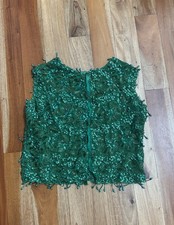 1960s VINTAGE Emerald Green Beaded Sequin Fringe Top Snap Button Vest size 36