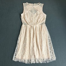 Charlotte Russe Dress Womens L Pink Lace Fit Flare Mesh Cutout 2D10423