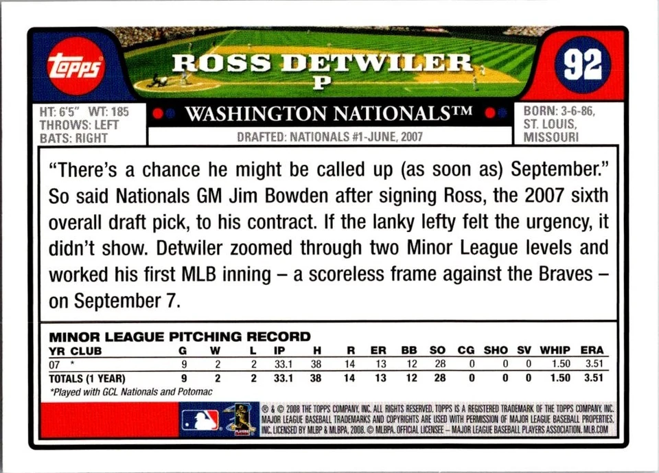 2008 Topps - Ross Detwiler #92 (RC) - Image 2 of 2