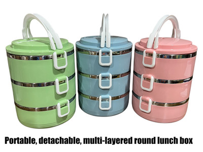 Portable Stackable 3-Tier Round Lunch Box with Handle, Multi-Layer Food Containe