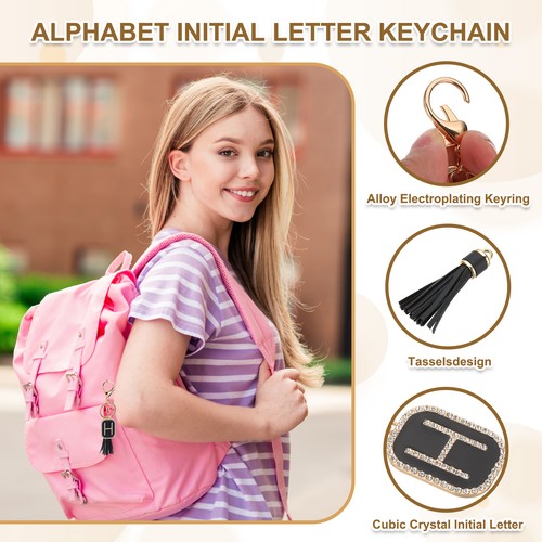 Initial Letter Keychain Cubic Crystal Keychain with Tassel Letter H Black/Gold - Picture 3 of 7