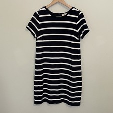 Ann Taylor Loft Dress Womens L Blue White Striped Nautical Stretch Short Sleeve 