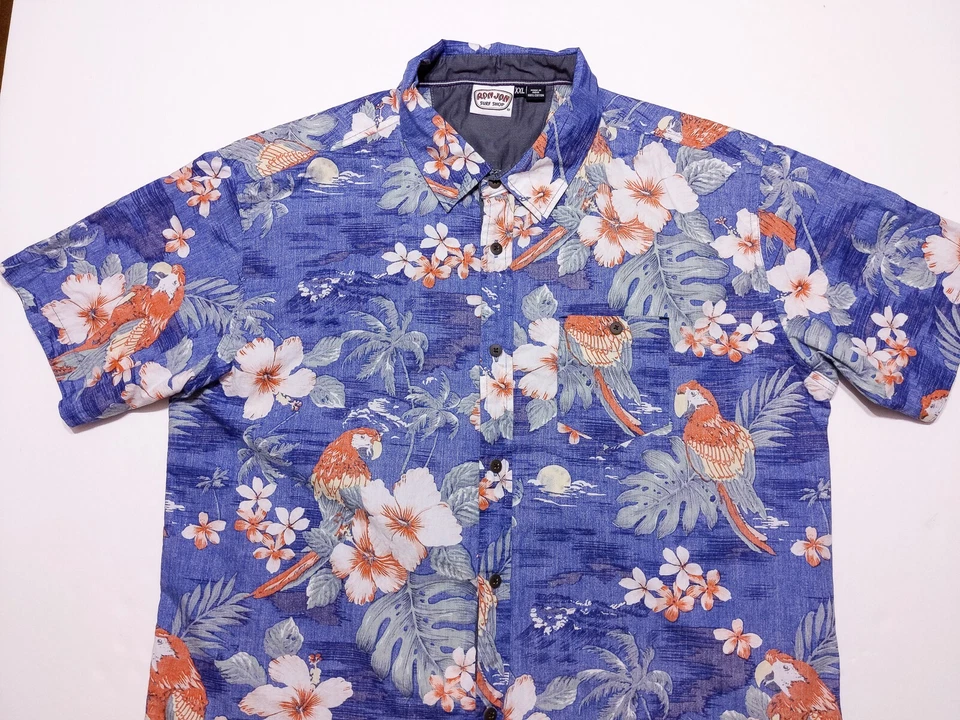 RON JON SURF SHOP Short Sleeve Hawaiian Shirt Blue Floral Parrot Macaw Large L - Image 4 of 4