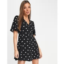 ASOS Women's Black/White Star Print Button Front Tie Waist Mini Dress Size 4 S