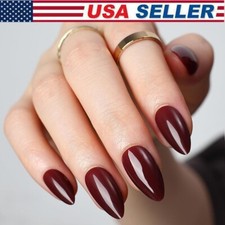 24Pcs Press on Nails Short Almond Oval Glossy Fake Nails Solid Color Wine Red US