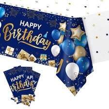 Happy Birthday Decorations 3 Pcs Navy Blue and Gold Birthday Tablecloth for B...