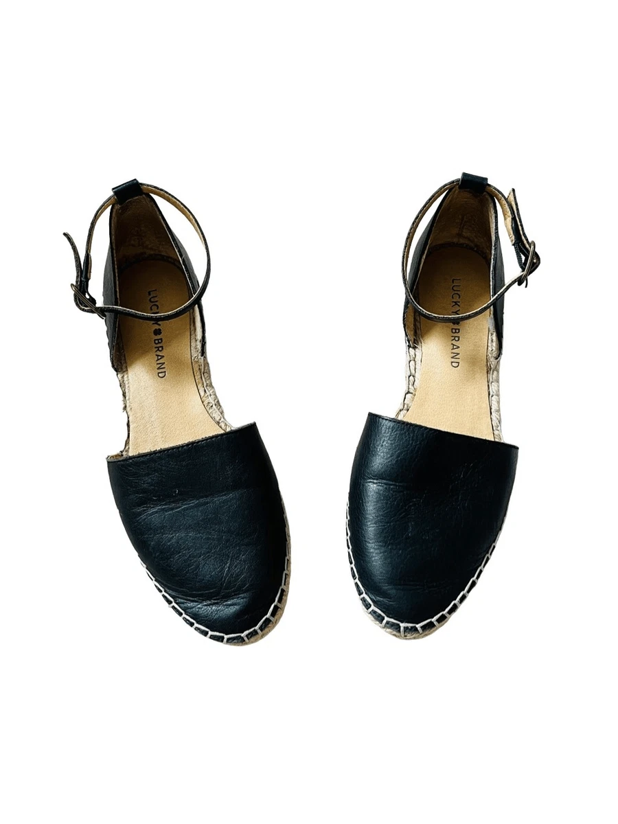 Lucky Brand Reniya Leather Espadrille Black Sandals Flat sz 8M