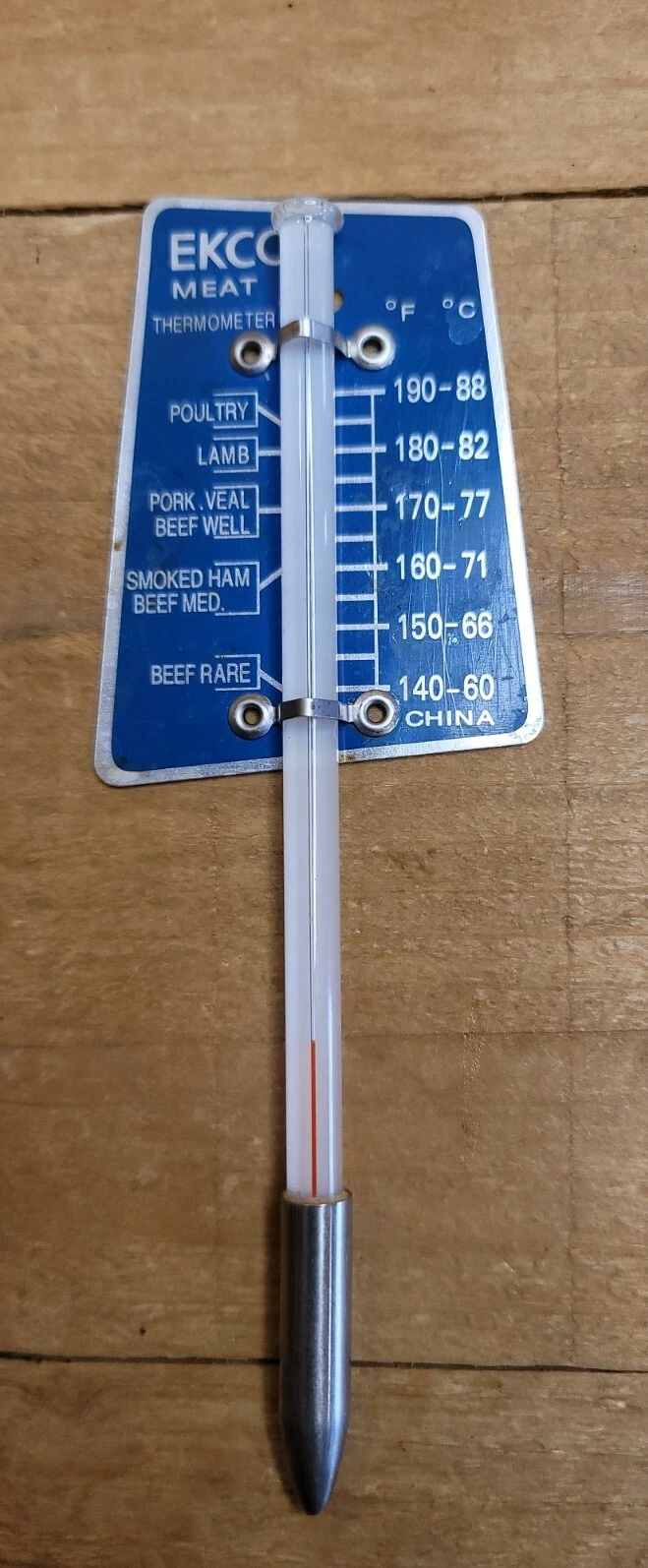 Vintage 90s Ekco Meat Thermometer Blue Aluminum & Glass Beef Roasts Pork Poultry