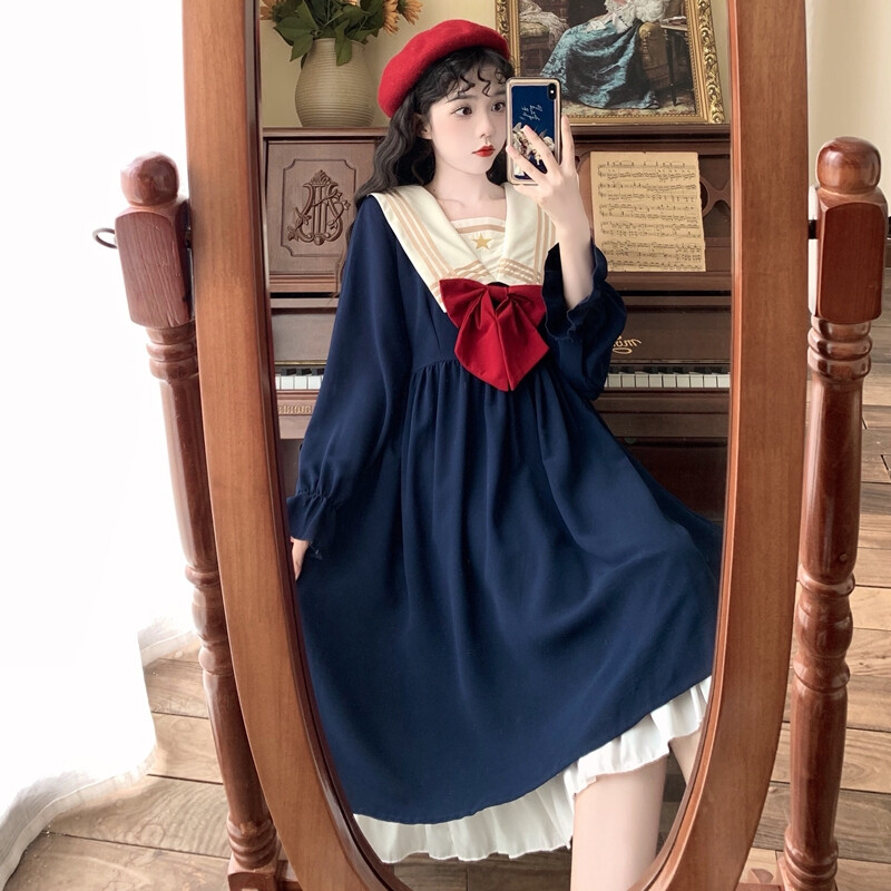 Japanese Women Lolita Navy Neck Short sleeve Dress JK Party Kawaii