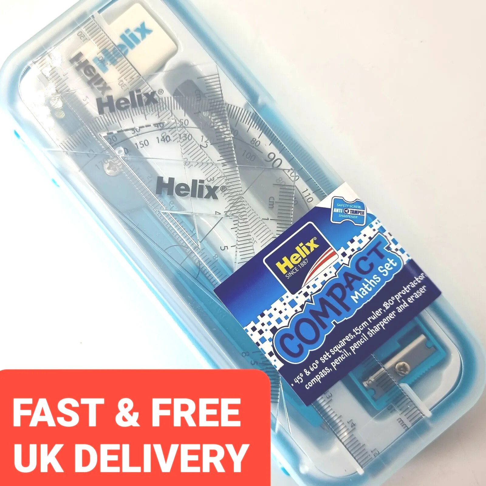 HELIX COMPACT MATHS GEOMETRY SET WITH COMPASS RULER PROTRACTOR SQUARES SHARPENER