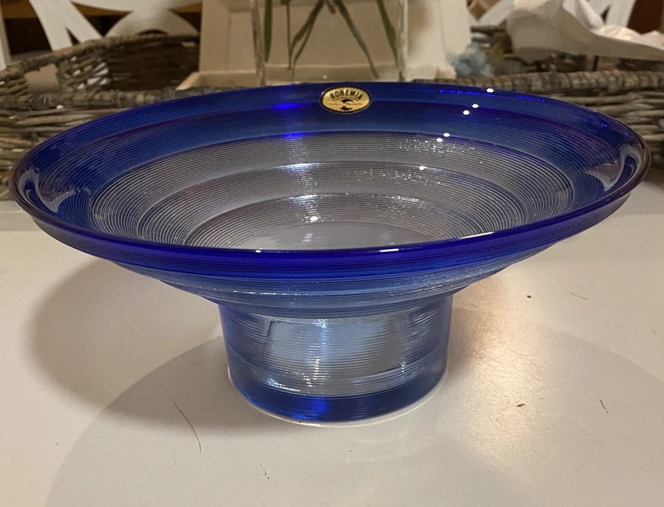 BOWL ART GLASS-HANDMADE CRYSTALEX-RIPPLE-BY JIRI SUHAJEK-H10x24cm BOHEMIAN CZECH - image 4 of 4