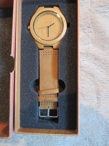 Cucol Wood Watch Men 46mm Light Wooden Finish Suede Leather Band New Battery - Picture 3 of 5