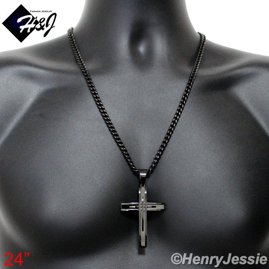 Collar Colgante Cruz 24" HOMBRE Acero Inoxidable 6mm Chapado en Negro Cubano Bordillo*A Foto 2 de 4