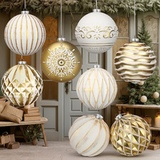 8 Pcs 6 Inch Large Farmhouse Rustic Christmas Ball Ornaments Set White and Gold