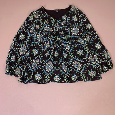 Alfani Woman Blouse Top Plus 2X Black Blue Green Geometric Pixel Ruched V-Neck