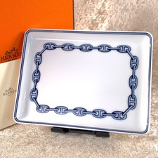 Hermes Rectangle Tray Sushi Plate Chaine d'Ancre Blue Porcelain Tableware w/Box