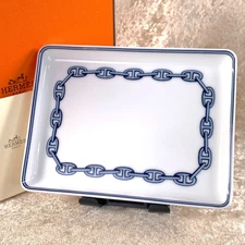 Hermes Rectangle Tray Sushi Plate Chaine d'Ancre Blue Porcelain Tableware w/Box