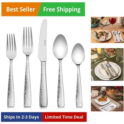 60-Piece Hammered 18/10 Stainless Steel Silverware Cutlery Set, Flatware Serv...