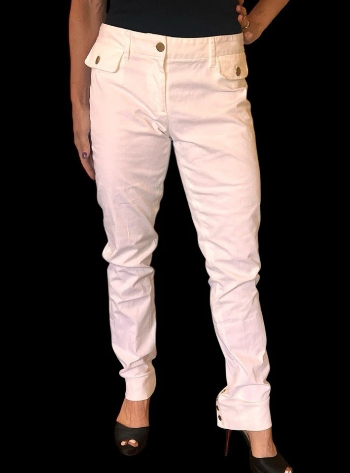 D&G DOLCE & GABBANA VINTAGE WHITE COTTON DENIM PANTS JEANS GOLD BUTTON CUFF 6-8 - Image 4 of 4
