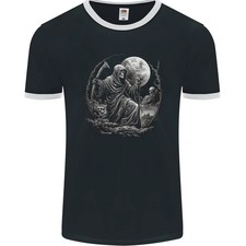 Grim Reaper Con Una Luna Llena Y Calaveras Camiseta Ringer Para Hombre FotL