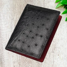 Real Black Red Ostrich Leather Cardholder Minimalist Bifold Wallet Handmade