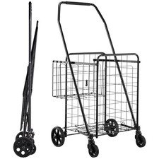 Shopping Cart, Folding Grocery Utility Cart with Dual Baskets, Waterproof Liner