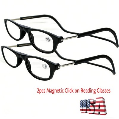 2PCS Magnetic Reading Glasses Snap Cli-ck Front Neck Hanging Readers Presbyopic