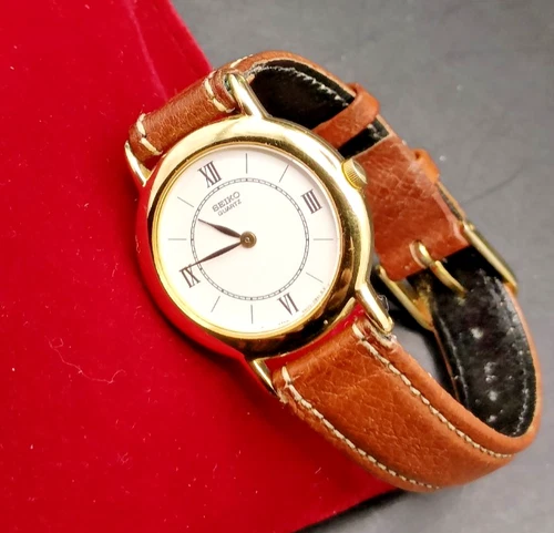 Vintage SEIKO Women's Gold Plated Brown Leather Strap Quartz Watch-VGC/Working