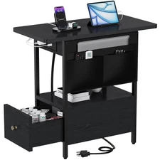 Small Side Table with Charging Station, Narrow Nightstand Bedside Tables with...