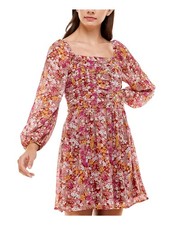 CRYSTAL DOLLS Womens Pink Bodice Chiffon Lined Long Sleeve Short Dress S