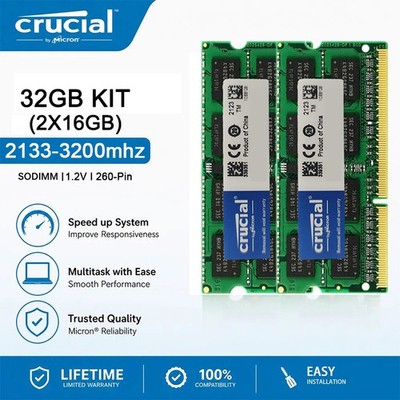 Crucial DDR4 32GB 2x16GB 2400MHZ PC4-19200 1.2V 260-Pi Non-ECC Laptop Memory RAM