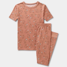 Kids 2-Piece Pink Bunny Animal Print Cotton Knit Short Sleeve Pajama Set 6-7Y