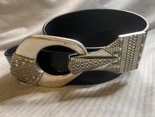 Chicos Adjustable Black Belt With Ornate Aztec Silver Metal Buckle 24"- 30"