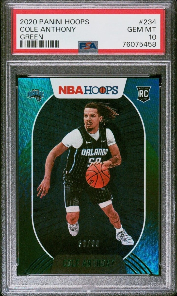 2020-21 Panini NBA Hoops Cole Anthony RC #234 Green JERSEY # 50/99 Rookie PSA 10