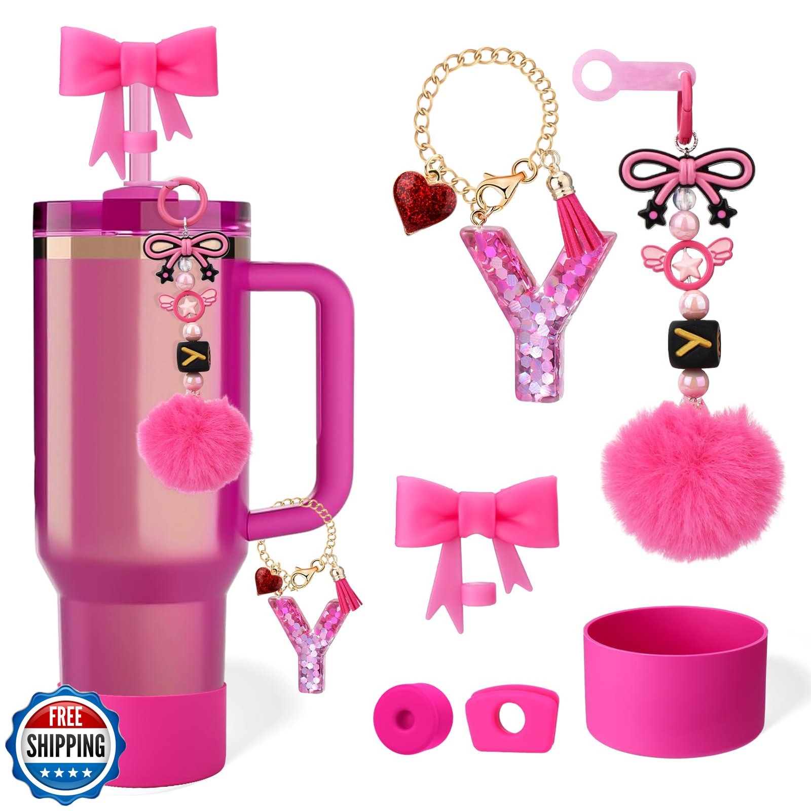 Pink Cup Accessories Set for Stanley 30oz 40oz Tumbler with Straw Lid & Cleaning Brush