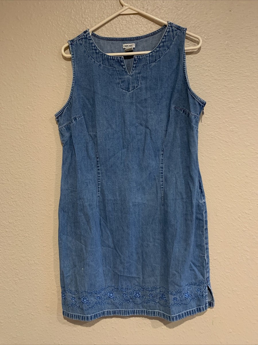 Cherokee Women's Large Denim Dress Mini Vintage Sleeveless Floral  Embroidered | eBay