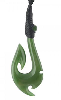 68mm Genuine Green Nephrite Jade Fish Hook Pendant on Adjustable Cord Necklace