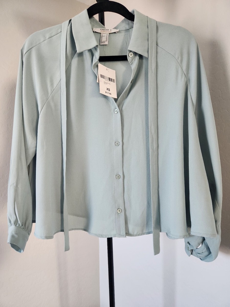 Forever 21 XS Collar Blouse Shirt Top Flowy Mint Woven Button Up